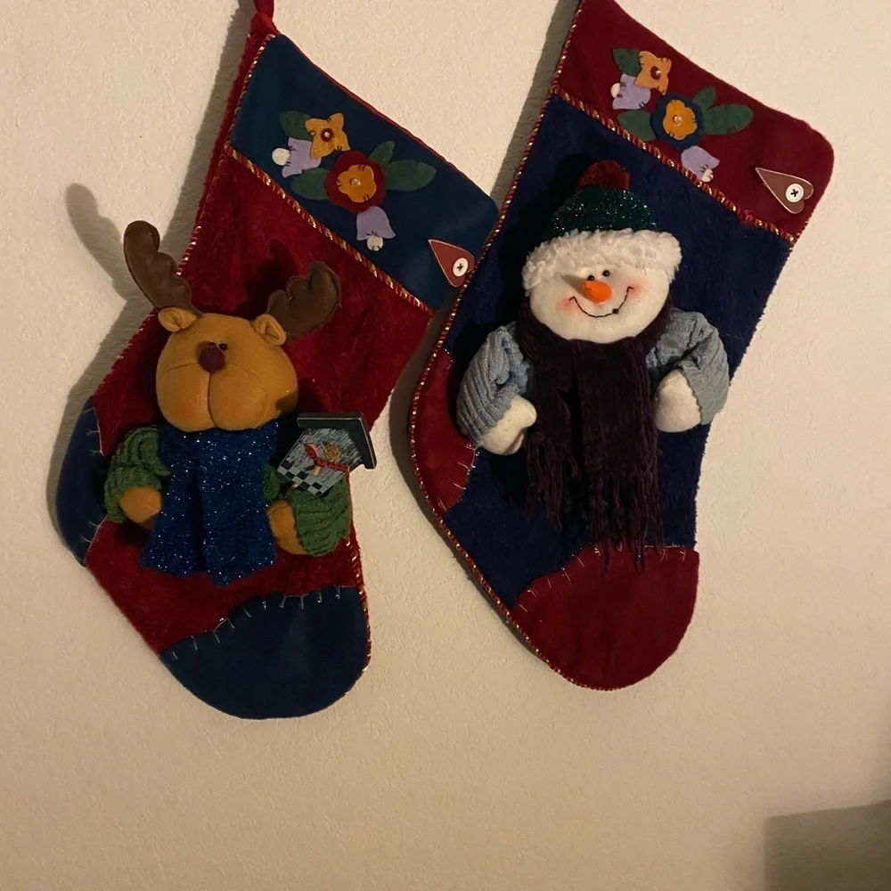 2 Christmas Plush 3D Patchwork Holiday Stockings Snowman and Reindeer 18”x 10”